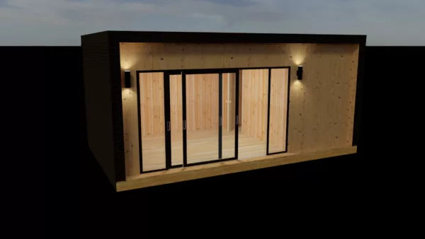 Проект мінідом, сауна із сіп панелей 23 кв.м вид зпереду вночі